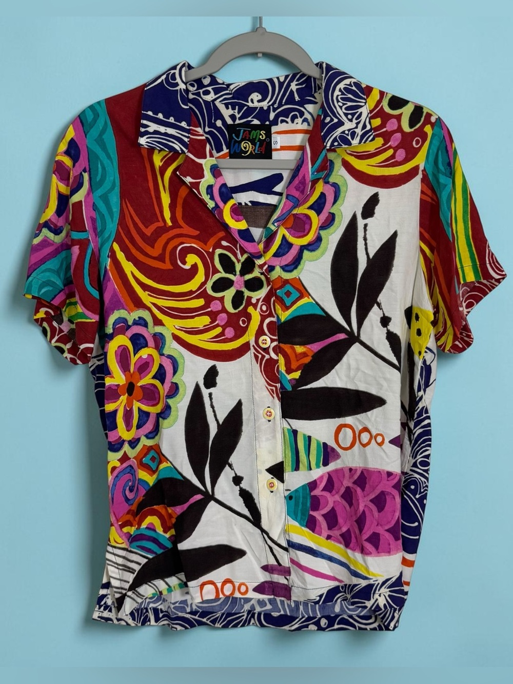 Jams World Vintage Colorful Floral Button-Up Shirt Size Small Art to Wear Fish